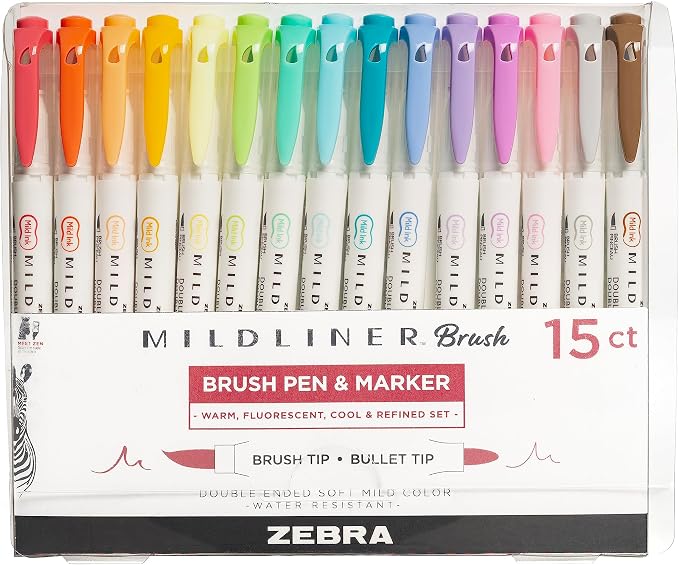 Zebra Pen MILDLINER No Bleed Brush Pen, Assorted Soft, Dual Tip, 15-Pack | Paint Brush Like Tip and Fine Point Marker, Ideal for Calligraphy, Journaling, Planners, Drawing and Illustration (79115)