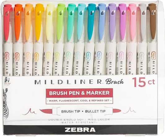 Zebra Pen MILDLINER No Bleed Brush Pen, Assorted Soft, Dual Tip, 15-Pack | Paint Brush Like Tip and Fine Point Marker, Ideal for Calligraphy, Journaling, Planners, Drawing and Illustration (79115)