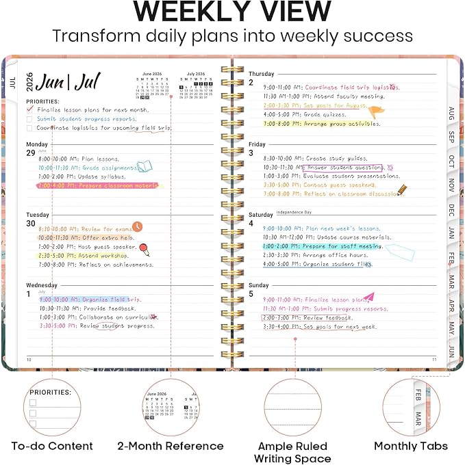 Academic Planner 2026-2027, Weekly and Monthly Calendar Book, July 2026 – June 2027, Hardcover Planner with Tabs, Perfect for Teachers, Students, Women & Men, A4 (8.5" x 11") - Cat