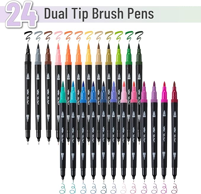 Mr. Pen- Dual Tip Brush Pens, 24 pcs, Assorted Color | Fine & Brush Tip Markers for Adult Coloring Markers for Adults