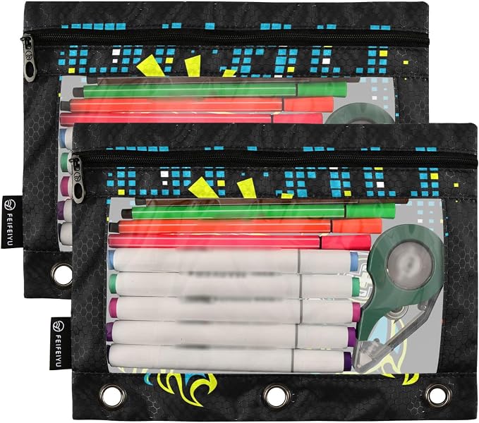 Play Game Binder Pouches 3 Ring for Boys Girls School Office College Supplies Toy Game pad Black Pencil Pouches Case Bag with Clear Window and Zipper 2 Pack