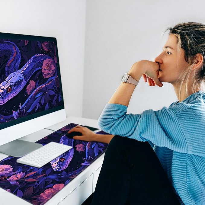 Warm Desk Pad,Heated Desk Pad,Office Mat,3 Heating Levels & 3 Hours Auto Shut-Off,31.5"*13" Gaming Mouse Laptop Keyboard Leather Desk Mat,Purple Snake Flower