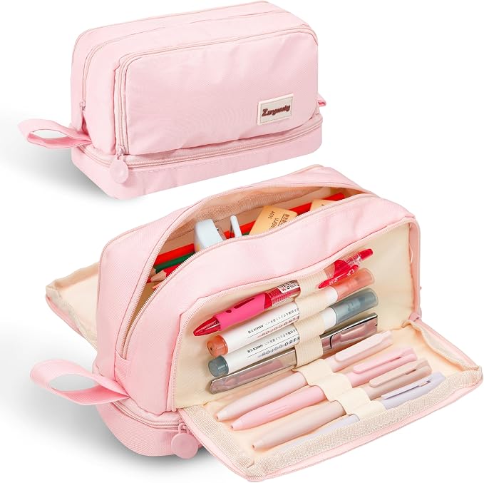 Zzrywuty Pink Large Capacity Pencil Case 4 Compartments,Pencil Pouch with Zipper Portable Handle for Teens Adults Aesthetic Pencil Bag Stationery Organizer Pen Pencil Case with Handle for School