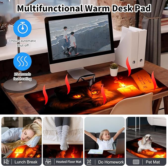 Warm Desk Pad,Heated Desk Pad,Office Mat,3 Heating Levels & 3 Hours Auto Shut-Off,31.5"*13" Gaming Mouse Laptop Keyboard Leather Desk Mat,Cute Cat Candlelight