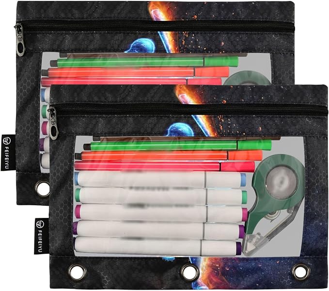 Baseball Player Binder Pouches 3 Ring for Boys Girls School Office College Supplies Softball Sports Theme Black Pencil Pouches Case Bag with Clear Window and Zipper 2 Pack