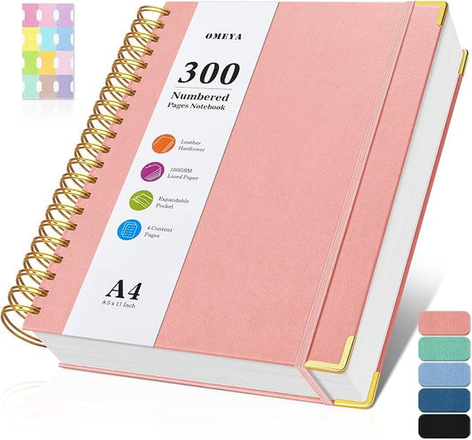 Spiral Notebook 8.5" x 11",300 Numbered Pages Lined Notebooks College Ruled | 100GSM Thick Journal for Women Men, Hardcover Leather Lined Journal for Writing, Large A4 Notebooks for Work School,4 Contens