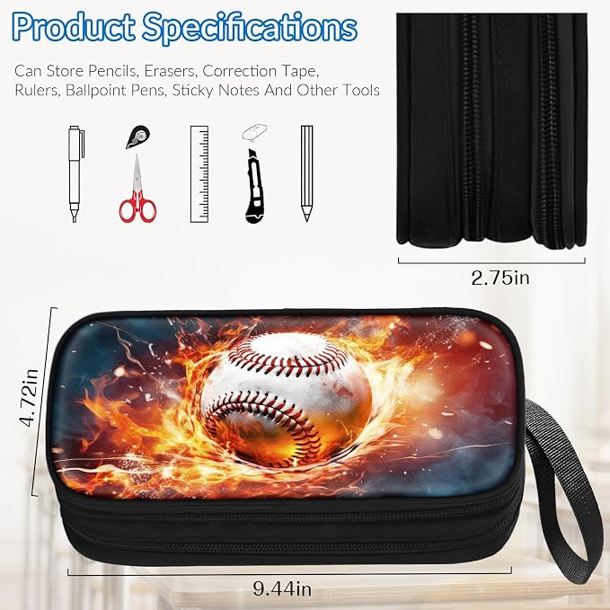 TILYTADLY Large Pencil Case for Boys - Baseball Boys Pencil Pouch with Zipper Compartments - Big Capacity Pen Box Pen Bag Organizer with Keychain for Kids Teens School