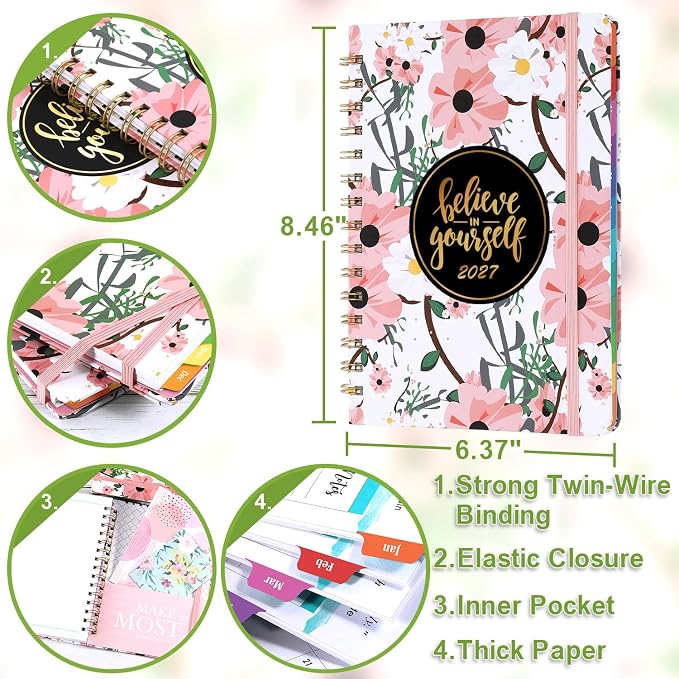 2027 Planner - Weekly & Monthly Planner 2027 with Tabs, 6.4" x 8.5", Jan 2027 - Dec 2027, Hardcover, Strong Binding, Thick Paper, Back Pocket, Elastic Closure, Inspirational Quotes