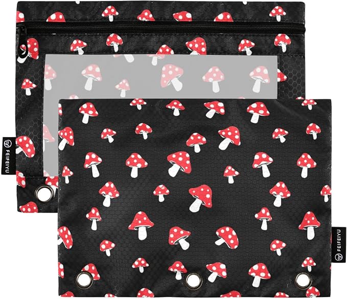 ALAZA Pencil Pouch for 3 Ring Binder, Cartoon Forest Red Mushrooms Binder Pencil Pouches with Clear Window Zipper Pencil Case Cosmetic Bags for Office College Supplies, 2PCS