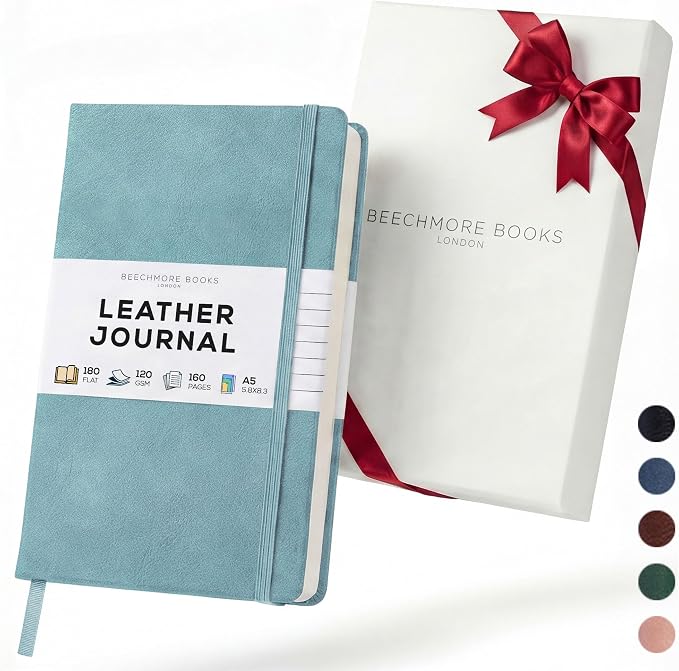 BEECHMORE BOOKS Premium Lined Leather Journal for Men & Women, 5" x 8" (A5) Thick 120gsm Ivory Cream Paper Notebook, Hardcover Vegan Leather Personal Diary, With Gift Box (Arctic Teal)
