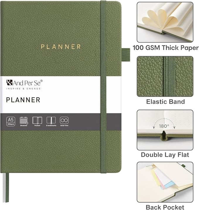 And Per Se Undated Academic Planner, Weekly & Monthly Planner with Goal & Habit Tracker, A5 Hardcover, Olive Green