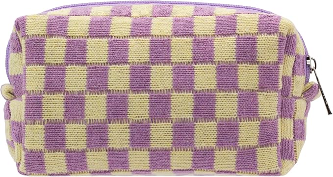 PAZIMIIK Checkered Makeup Bag for Purse Portable Zipper Make Up Pouch Small Cosmetic Case for Travel Accessories (Purple) | Cute Zipper Makeup Organizer for Women, Travel Essentials, Toiletries, Makeup Brushes, Beauty Accessories&Bridesmaid Gifts