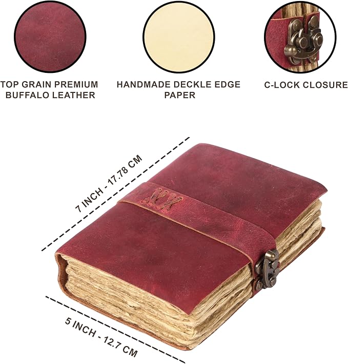 Vintage Leather Journal Handmade Buffalo Deckle Edge Paper – Leather Bound Journal for Women Men Vintage C-Lock Closure Ideal for Writing & Travel for Artists