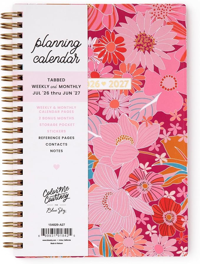 Blue Sky 2026-2027 Weekly & Monthly Academic Planner, 5"x8", Bloom Pink | July 2026 - June 2027, Flexible Cover, Wirebound, Laminated Tabs, Storage Pocket, Stickers, Academic Year, Color Me Courtney