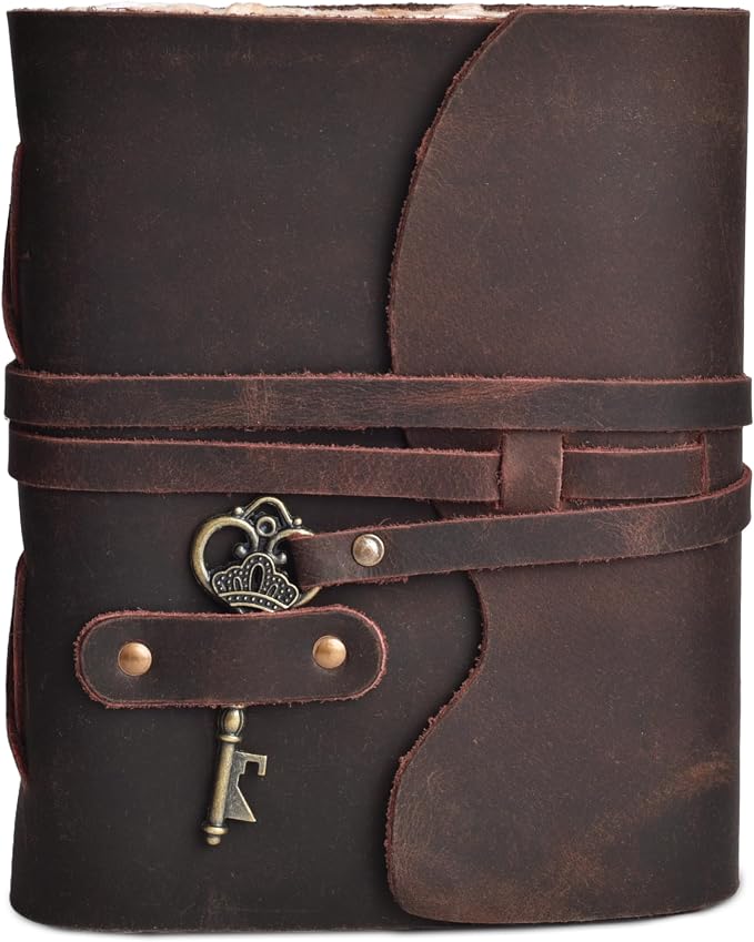 LEATHER VILLAGE Vintage Leather Journal – 200 Handmade Vintage Deckle Edge Paper – Leather bound Journal For Women Men – Vintage Key Closure - Book of Shadows - Chocolate Brown - 8X6 inches (A5)