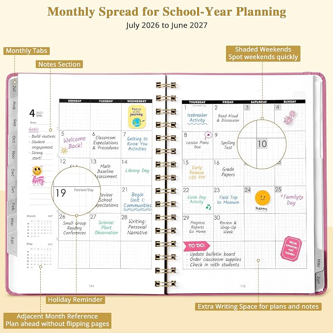 JoyCat Academic Planner 2026-2027, A5 Weekly & Monthly, Pink | July 2026-June 2027 A5 planner combines weekly and monthly layouts, tabs, grid notes and sticker sheets.