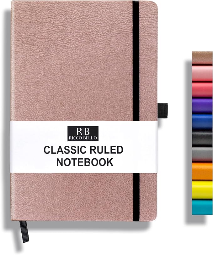 RICCO BELLO Lined Journal Notebook, Rose Gold, 5.7 x 8.4-Inches | Faux Leather Hardcover, Pen Holder, College Ruled, 96 Sheets / 192 Pages, For Work & Notes