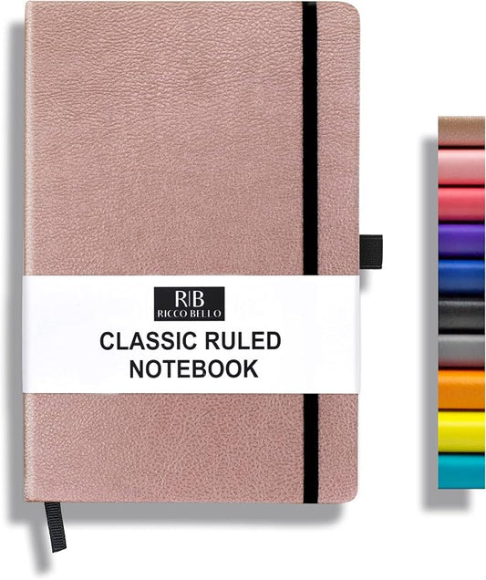 RICCO BELLO Lined Journal Notebook, Rose Gold, 5.7 x 8.4-Inches | Faux Leather Hardcover, Pen Holder, College Ruled, 96 Sheets / 192 Pages, For Work & Notes