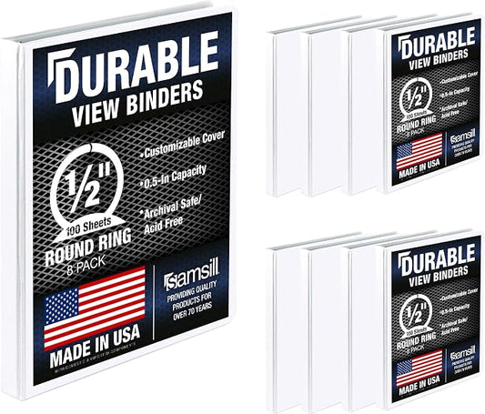 Samsill 8 Pack Durable 0.5 Inch 3 Ring Binders, Round Ring, Clear View Cover for Presentations, White