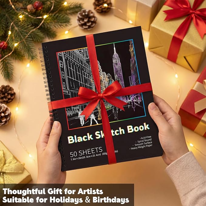 Black Paper Sketchbook 2 Pack, 7.6 × 10 in, 50 Sheets, Spiral Bound | 160gsm Acid-Free Black Paper, Mixed Media for Pencils, Chalk, Metallic Markers, Easy-Tear Pages, Lays Flat