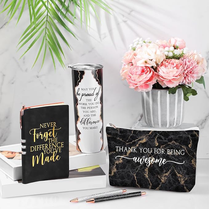 Domensi 6 Pcs Employee Appreciation Gift Set for Women Female Thank You Gift May You Be Proud 20 oz Rustic Marble Sign Tumbler Makeup Bag Journal for Boss Teacher Work Business(Black)