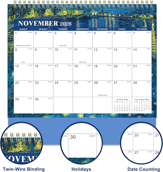 Desk Calendar 2026-2027 Flip Desktop Calendar Jul 2026 - Dec 2027 | 9.8" x 8.3" Starry Night Van Gogh Desk Planner with Thick Paper for Office Home School