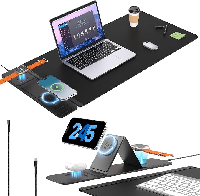 25W Wireless Fast Charging Mouse Pad with Foldable Phone Holder, 2nd Gen 3-in-1 Wireless Charging Desk Mat 35.4" x 15.7" Large Waterproof Desk Pad for Office, Gaming & Home