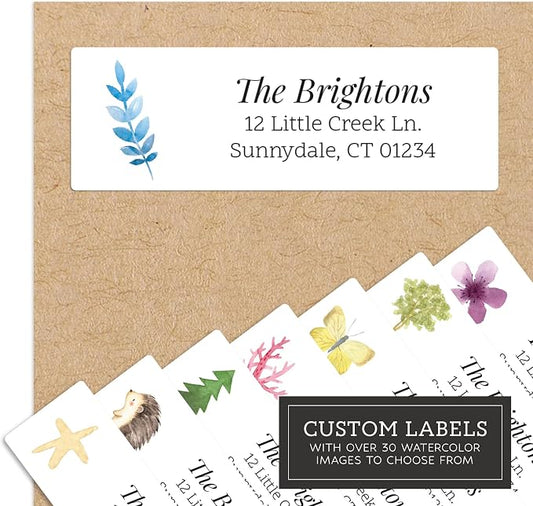 Personalized Return Address Labels - Watercolor Floral Classic Style - Over 30 Images to Choose from - Custom Self Adhesive Stickers for Envelopes (60-960 Labels)