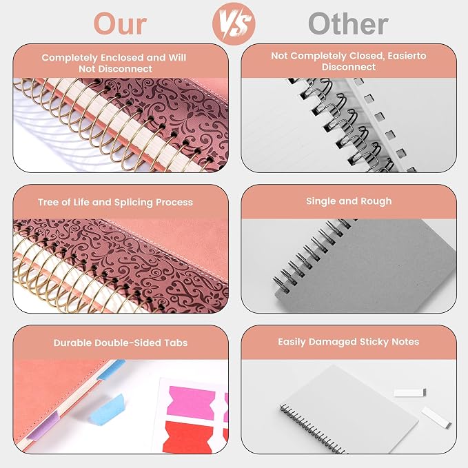 Spiral Notebook Wide Ruled Leather Journal for Women, 300 Pages, 7X10,Pink | Large Notebooks for School Office, Note Taking Notebooks for Writing Lined Notebook with Tabs Pockets Pen Holder