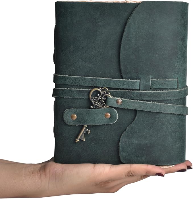 LEATHER VILLAGE Vintage Leather Journal – 200 Handmade Vintage Deckle Edge Paper – Leather bound Journal For Women Men – Vintage Key Closure - Book of Shadows - Turquoise - 6X4 inches (A6)