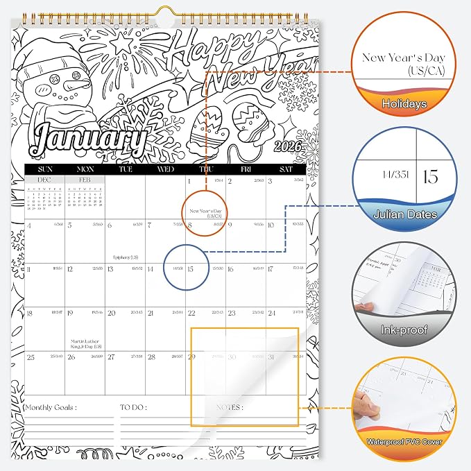 Ospelelf 2026 Wall Calendar 12'' x 17'' Family Coloring Calendar for Adults, Kids, Monthly Calendar Planner with Plastic Cover, 18 Month Calendars, Use Jan 2026 - June 2027, Season