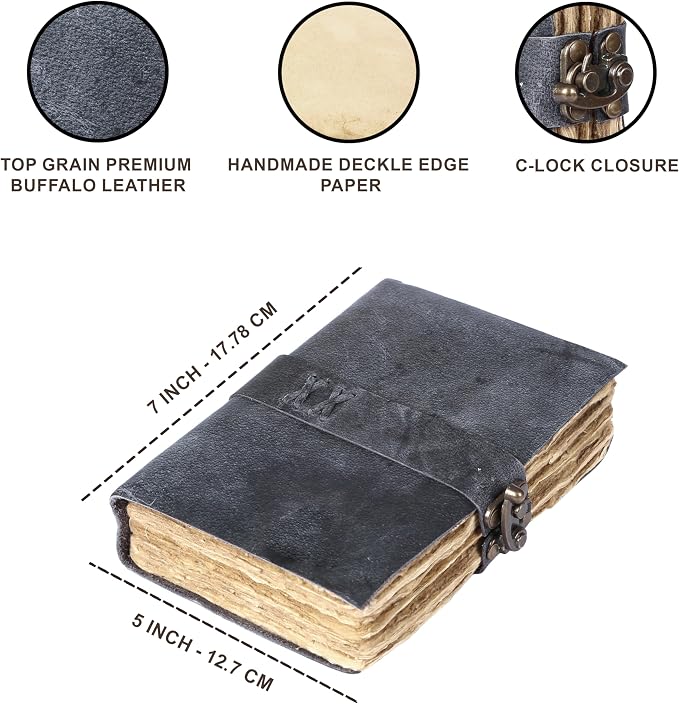 Vintage Leather Journal Handmade Buffalo Deckle Edge Paper – Leather Bound Journal for Women Men Vintage C-Lock Closure Ideal for Writing & Travel for Artists