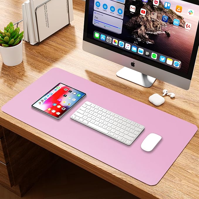Leather Desk Pad Protector, Waterproof Mouse Pad, PU Desk Mat, Office Desk Cover, Desk Writing Mat for Office/Home/Work/Cubicle (Pink) 23.6x13.7 in