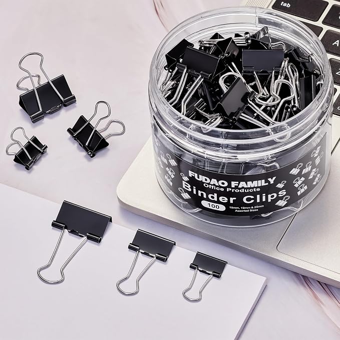 100pcs Binder Clips Assorted Sizes, Black Paper Clamps, Medium, Small, Mini 3 Sizes with Box for Office, School and Home