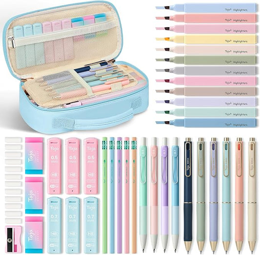 Cute Pencil Case With Supplies, 39 PCS Aesthetic Stationery Set with Pencil Pouch, 6 Black Ink Gel Pens, 12 Pastel Highlighters, 5 #2 HB Pencils, 4 Mechanical Pencils, Back to School Supplies - Blue