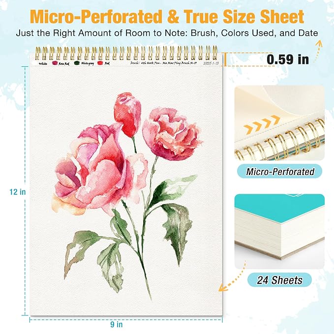 9"x12" Watercolor Paper Pad, Spiral Bound with Tear Line, 24 Sheets (140lb/300g): Art and School Supplies- Water Color Paper for Adults Kids-Watercolors, Watercolor Sketches, and Art Journals