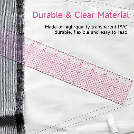 YLAZIION Clear Ruler for Sewing 2x12 Inch Easy Read Grid Graph Ruler 1.4mm | Upgraded Rose Red Markings, Flexible Plastic Ruler for Pattern Grading, Tailoring & Quilting, 16THS Enlarged Scale for Sewing