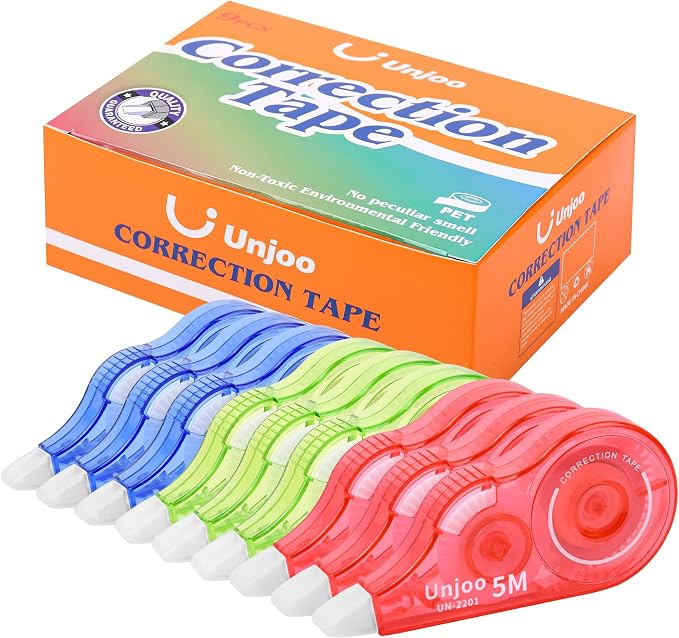 Unjoo White Correction Tape (9pack, 5M/196"x0.2", Redx3, Greenx3, Bluex3) | Easy To Use Applicator, Fast Clean Tear-Resistant Tape For school Supplies, Office