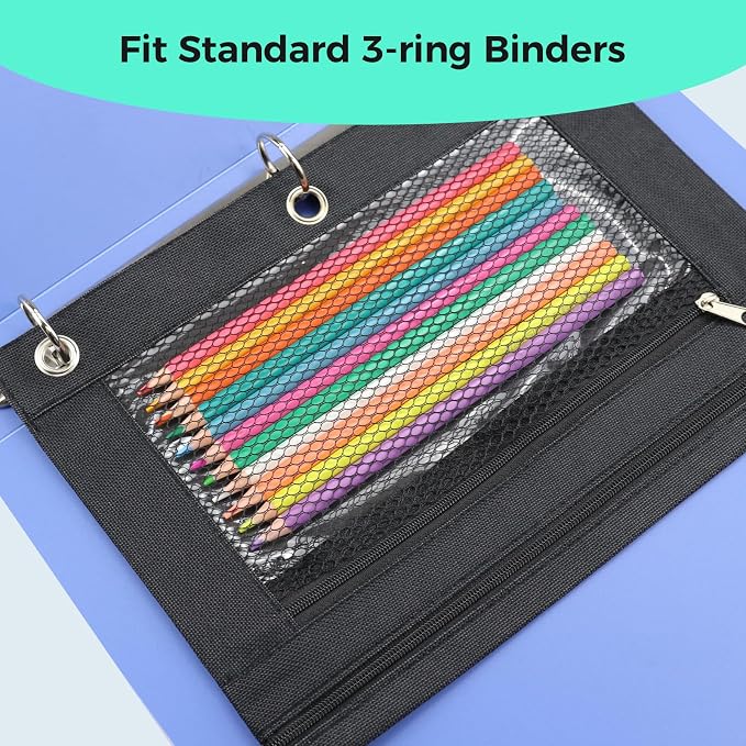 Pencil Pouch for 3 Ring Binder, Pencil Case with Zipper, 600D Fabric Pencil Pouch Bag Holder Accessories, Clear Window Pencil Case Aesthetic Back to School Organizer Pockets for Boy Girl (Black)
