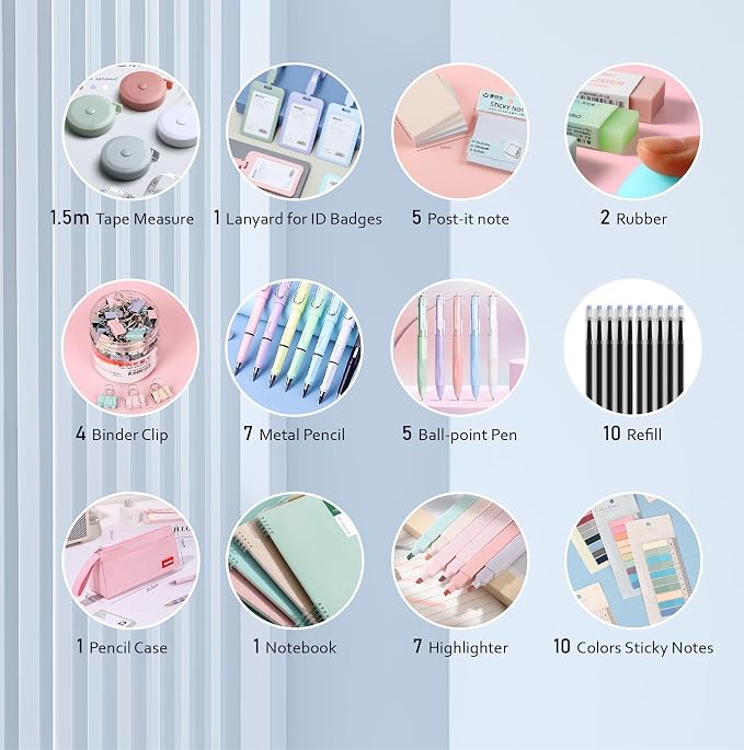45PCS Morandi Color School Supplies Set with Notebook, Gel Ink Rollerball Pens, Pencil Cas, ID Badge Holder, fluorescent pens,Pencil, Erasers, Clip, tape measure, pen core