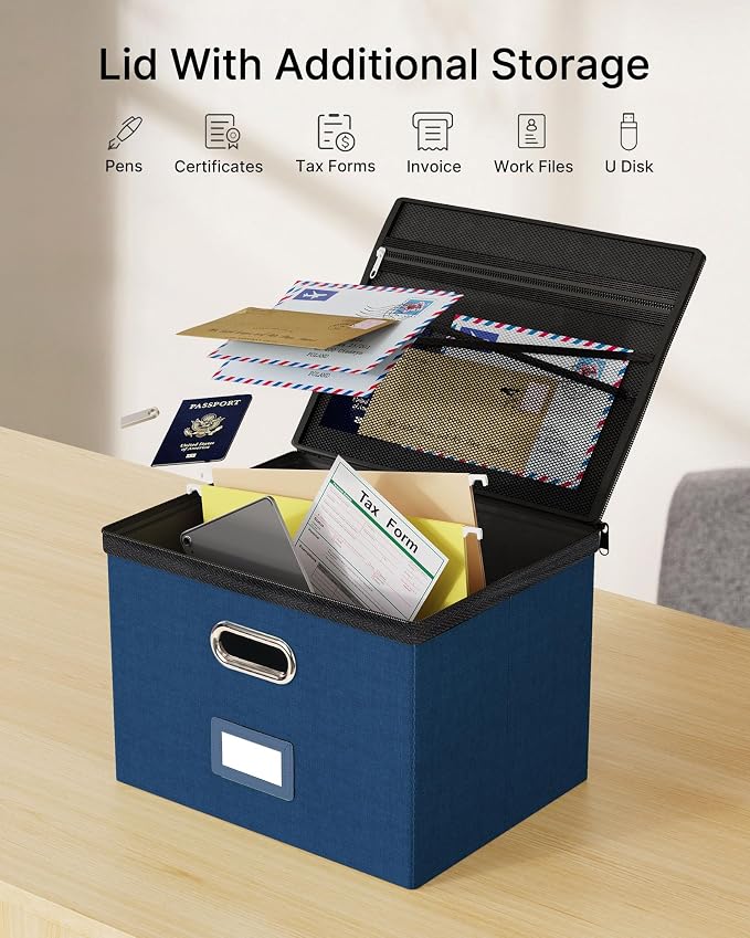 Oterri File Box Large 2-Pack Hanging Organizer for Letter/Legal-Size Folder | Dustproof Lid. 3 Mesh Pockets. Collapsible Scratch-Resistant GRS Linen. Slide Rails. Office, Home, Dorm