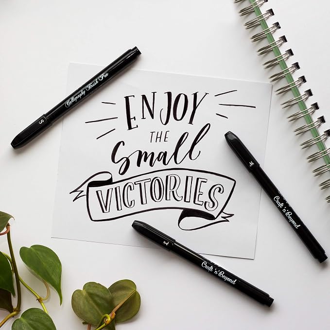Craft 'n' Beyond Calligraphy Brush Pens Pack of 3 Small, Medium and Large Markers for Hand Lettering, Art Drawing, Sketching, Scrapbooking, Writing, Journaling - Beginner Kit with Fadeproof Black Ink