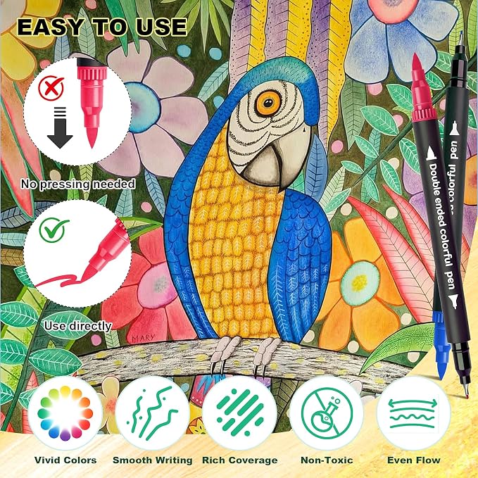 Dual Markers Brush Pens, Art Brush Coloring Markers for Adult Coloring Books, 48 Colors Pens for Teens, Double Tip Colored Pen for Journaling Note taking Planner Lettering Calligraphy Drawing