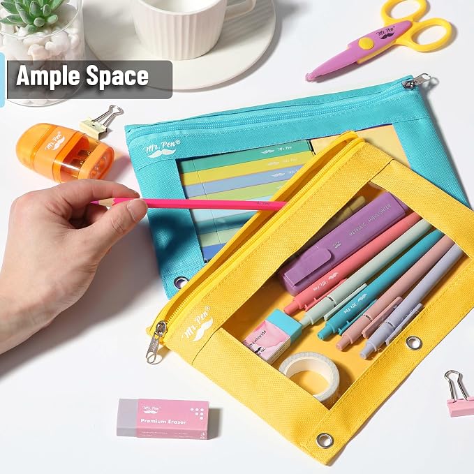 Mr. Pen- Pencil Pouch for 3 Ring Binder, 2 Pack, 10"x6.75", Smooth Zipper | Clear Window, Large Capacity Pencil Case with 3 Reinforced Grommets for School, Office, Supplies Storage | Clear Window, Large Capacity Pencil Case with 3 Reinforced Grommets f...