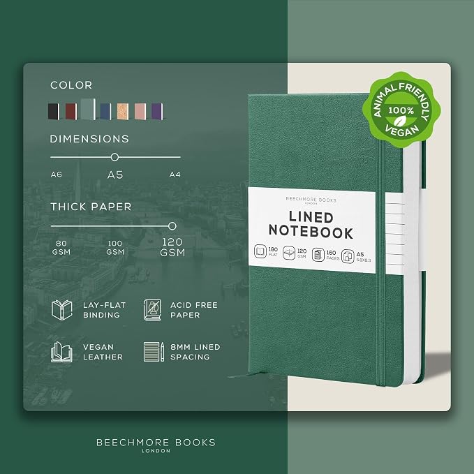BEECHMORE BOOKS Premium Lined Leather Journal for Men & Women, 5" x 8" (A5) Thick 120gsm Ivory Cream Paper Notebook, Hardcover Vegan Leather Personal Diary, With Gift Box (Dartmouth Green)
