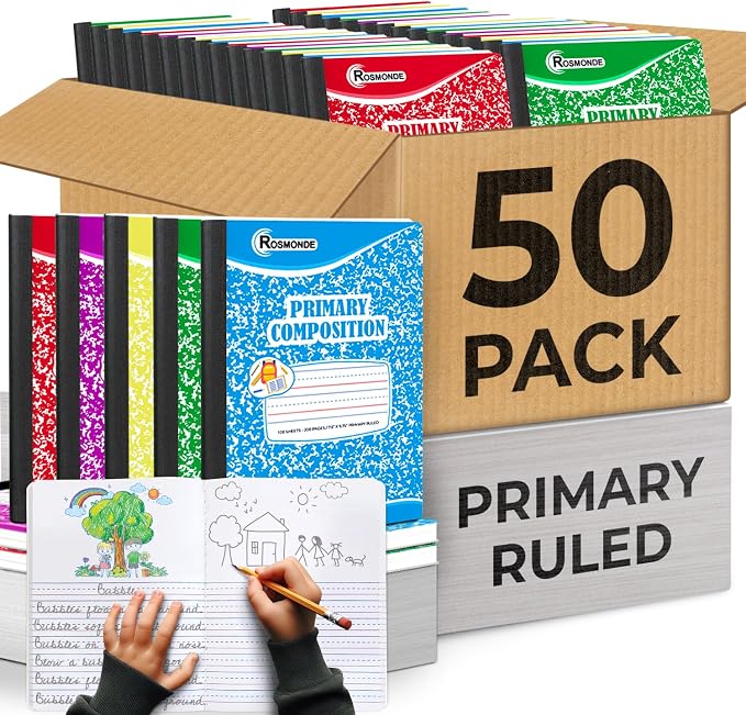 Rosmonde Composition Notebook Bulk, 50 Pack, Colors Marbles, Grades K-2 | Primary Ruled Composition Notebooks, Draw and Write Journals, 200 Pages (100 Sheets), 9-3/4 x 7-1/2, Bulk School Supplies