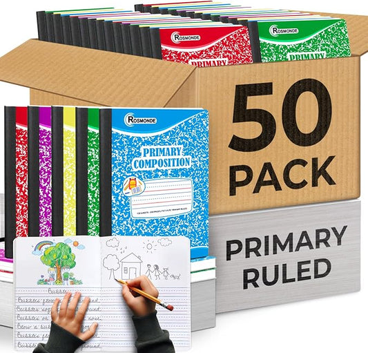 Rosmonde Composition Notebook Bulk, 50 Pack, Colors Marbles, Grades K-2 | Primary Ruled Composition Notebooks, Draw and Write Journals, 200 Pages (100 Sheets), 9-3/4 x 7-1/2, Bulk School Supplies