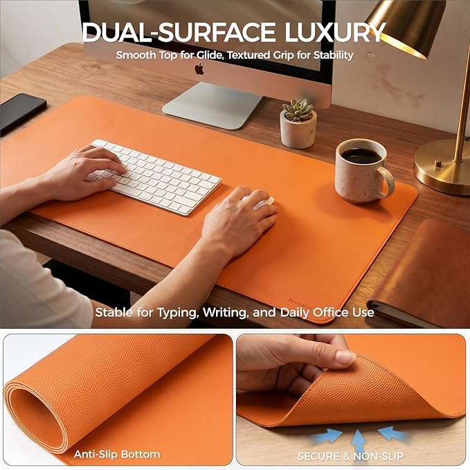 Large Desk Pad Non-Slip Desk Mat Protector for Keyboard Mouse Waterproof Vegan Leather Surface Faux Leather Laptop Mat Smooth Mouse Pad Premium Gift Tube Sunset Orange 31.5" X 15.7"