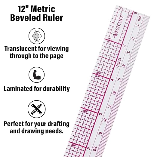 Westcott 10ths/Metric Beveled Ruler, 12-Inch/30cm (B-65), Clear (Pack of 2)