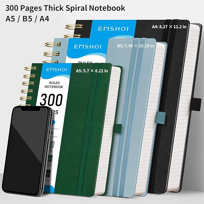 EMSHOI Lined Spiral Journal Notebook, 300 Numbered Pages, B5 (7.4"x10") | College Ruled, Leather Hardcover, 100 GSM Thick Paper, for School, Writing, Work, Office & Journaling (Dark green)